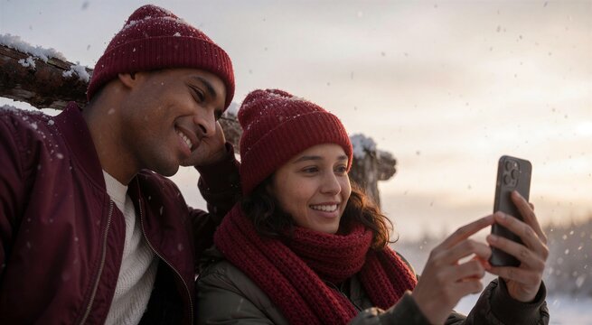 Couple taking holiday Christmas photos outdoors in the snow, smiling while looking at a smartphone together.