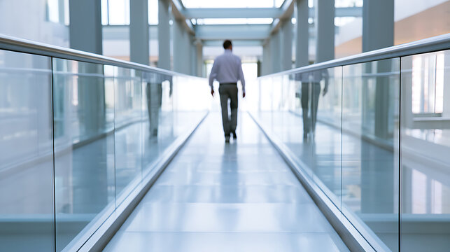 A businessman walk away down a bright modern office corridor with glass railings and reflective floor in a corporate building interior shot