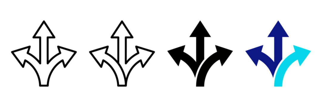 Direction arrow icon with multiple paths. Choice and decision making symbol. Strategy, planning and alternative route concept. Navigation, growth and progress pictogram for business scenarios.