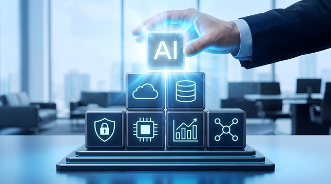 Hand placing AI cube on stack of technology icons in office