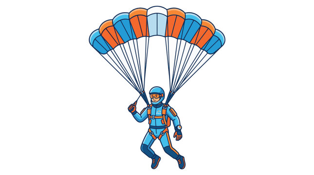 Vibrant vector graphic of a skydiver in gear under a blue and orange parachute.