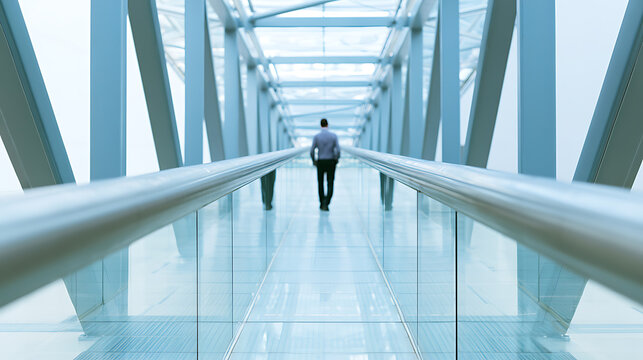 A businessman walk through a modern futuristic corridor in a glass office building, looking ahead at success and professional growth