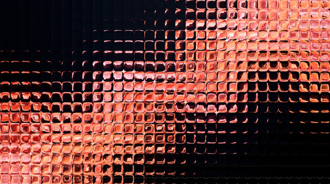 Abstract digital art featuring a repetitive grid of glowing orange glass cubes with smooth rounded edges, creating a vibrant pattern of light against dark shadows.