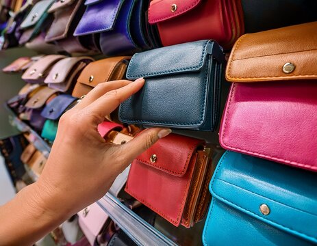 a hand selecting a colorful leather wallet from a row of various stylish wallets on a store shelf