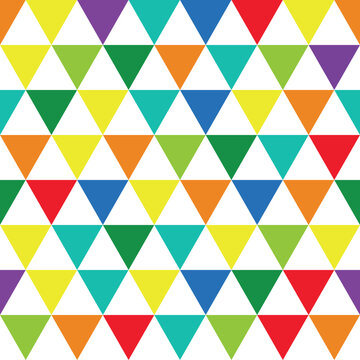 Colorful geometric triangle seamless pattern vector. Bright children background texture with vibrant mosaic shapes and abstract creative repeat geometry rhombus for festive paper print