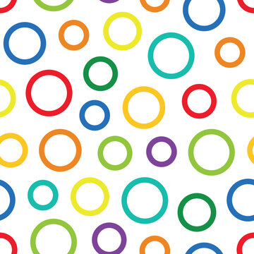 Colorful circles seamless vector pattern. Bright multicolor background texture with geometric vibrant ring shapes and abstract creative repeat confetti dots for wrapping paper print