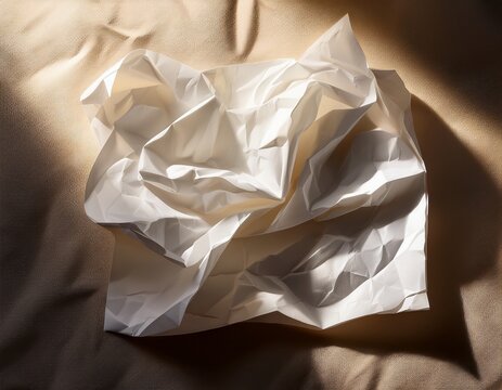crumpled white paper sheet with pronounced creases and soft warm lighting casting subtle shadows minimalist textured abstract calm
