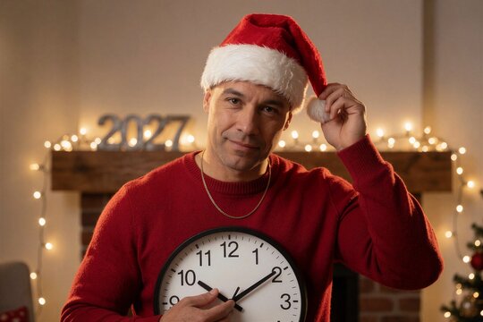 Man in red sweater and Santa hat counts down to midnight on Christmas, holding an analog clock in a festive living room setting.