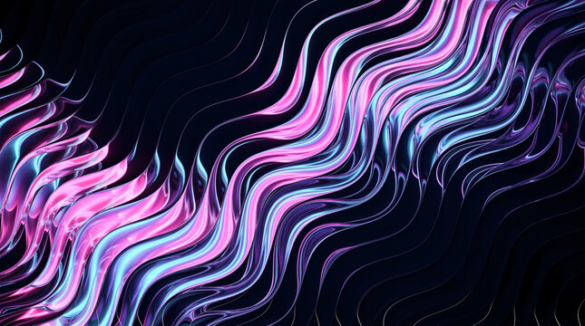 Iridescent liquid waves of deep purple and bright cyan neon light flow gracefully across a dark surface created with high quality 3d digital rendering techniques