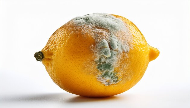 close up of spoiled yellow citrus fruit with mold rot and surface blemishes isolated on white background