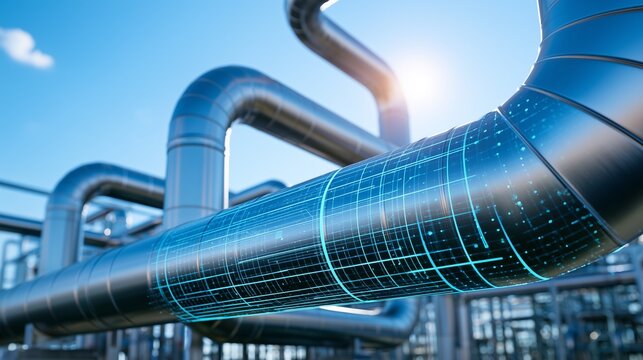 Insulated Metallic Pipeline System with Blue Digital Twin Overlay and IoT Data Grid in High Tech Factory, Concept of Smart Infrastructure, Pipeline Inspection, Industry 4.0, and Predictive Maintenance
