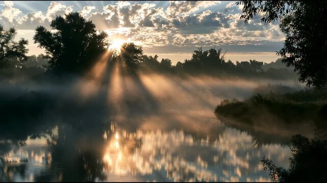 Morning light reflects off a still river as sun rays shine down through the trees. Beautiful view capturing nature at dawn near the water.