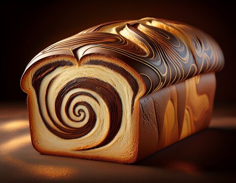 chocolate swirl bread loaf slice marbled baked dessert sweet snack chocolate swirl bread loaf slice marbled interior rich baked dessert with golden crust and dark cocoa pattern sweet snack