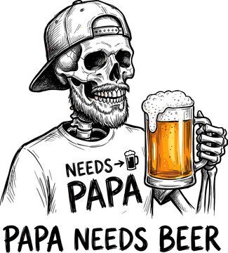 Skeleton in a cap holding a beer mug with humorous text about beer  
