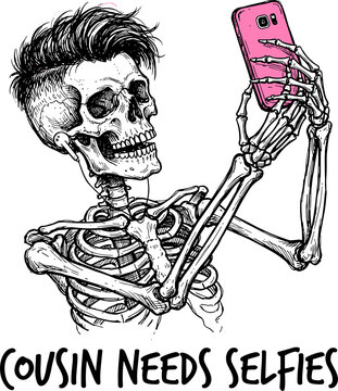 Skeleton taking a selfie with a smartphone in a humorous style  