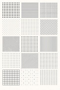 Minimalist geometric pattern set, 15 monochrome halftone textures, black and white abstract grid and dot backgrounds for graphic design