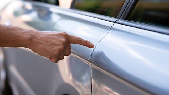 Close-up view of a person hand point at a car scratch and dent on the side panel, automotive damage inspection concept photography image