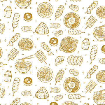 Korean street food hand drawn vintage illustration vector koran kulinary sketch doodle seamless pattern