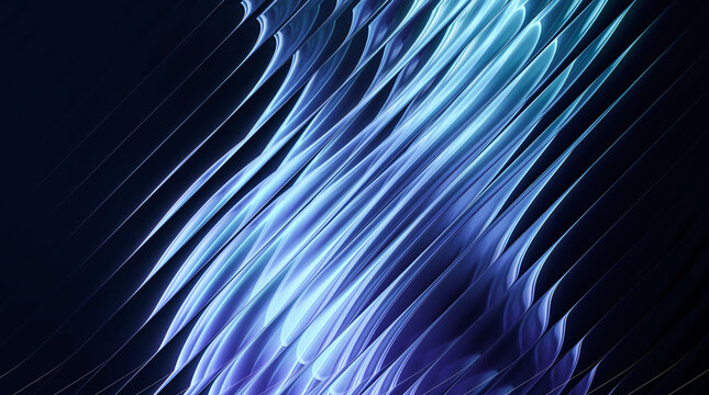 Iridescent blue waves feature smooth metallic textures reflecting bright light in a rhythmic diagonal pattern created with sleek glossy surfaces and high resolution digital art techniques.