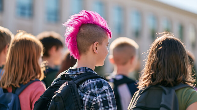 Rear View of Student with Bright Pink Mohawk Standing in Crowd Outside School, Concept of Individuality, Self Expression, Youth Subculture, Diversity, and Back to School