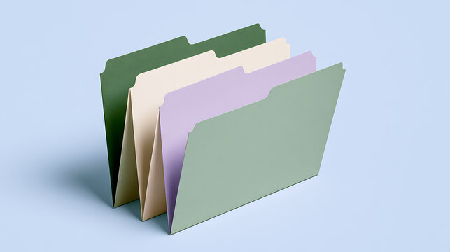 Colorful file folders in pastel green, beige, and purple tones arranged in an accordion style on a clean solid light blue background