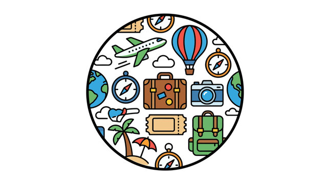 Colorful travel icons inside a circle representing a fun vacation adventure and global tourism for your next summer journey around the world.