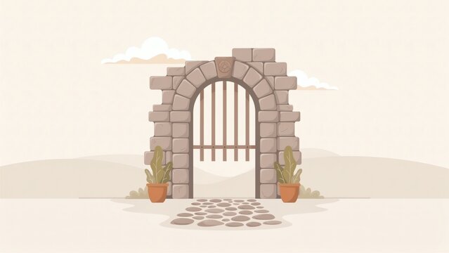 Stone archway with a wooden gate and cobblestone path in a simple flat illustration style with plants minimalist landscape