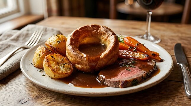Traditional british sunday roast dinner with beef, yorkshire pudding and roasted potatoes, perfect for british food fortnight