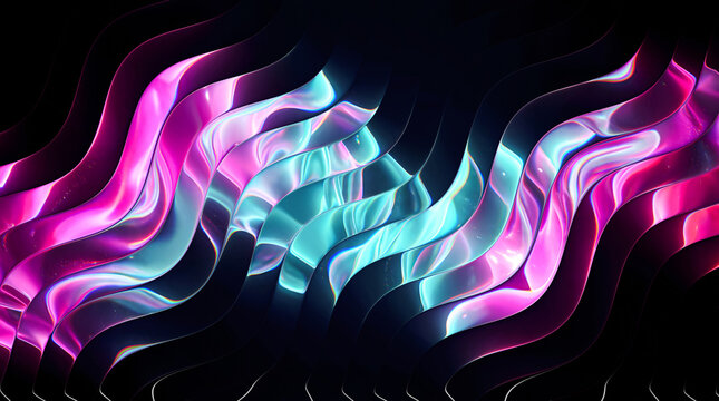 Iridescent flowing liquid waves display vibrant magenta and cyan colors with a glossy metallic sheen in this high resolution abstract digital art composition for modern backgrounds.