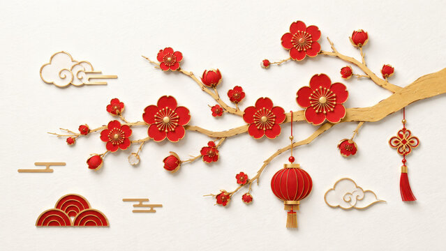Spring renewal and new beginnings for Lunar New Year shown as red plum blossom on a wide clean paper background with copy space