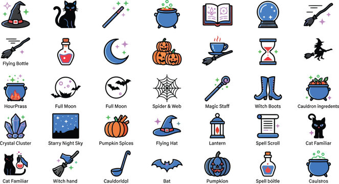 Cute Whimsical Witchcraft and Halloween Magic Flat Line Icon Set with Flying Brooms Cauldron Ingredients Potion Bottles Crystal Clusters and Cat Familiar Sticker Elements