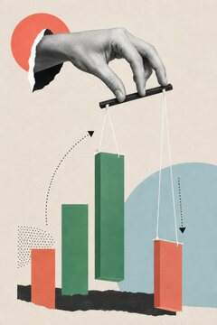Massaging the numbers, chart bars on puppet strings illustrating data manipulation, misleading statistics and corporate reporting