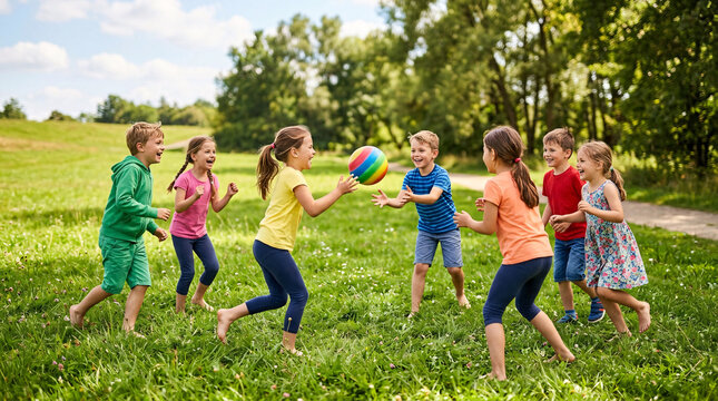 A group of cheerful children engage in a lively game of catch with a colorful ball in a sun-drenched park, surrounded by vibrant green grass and lush trees.