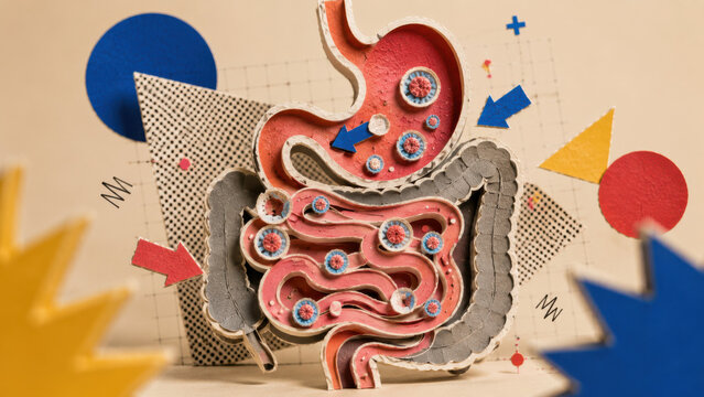 Paper cut model of a stomach and intestines with virus particles inside, surrounded by arrows and halftone shapes on cream