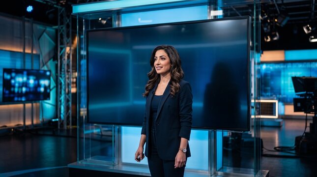 Confident female meteorologist standing in modern television studio