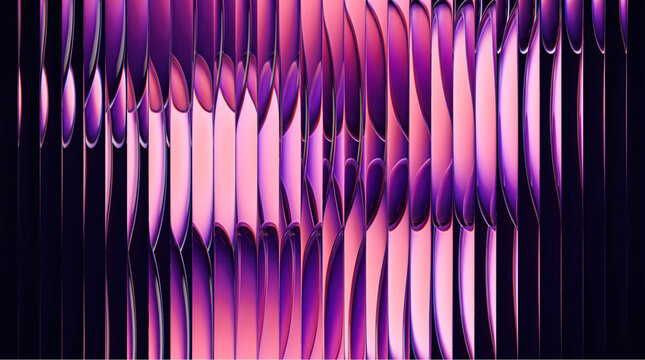 Abstract vertical glass columns feature brilliant purple and pink gradient lighting with soft curves creating a modern futuristic aesthetic through smooth reflective textures and deep shadows.