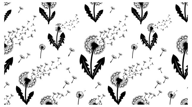 dandelion pattern with flying seeds creating a black and white nature background perfect as a seamless texture for decorative designs