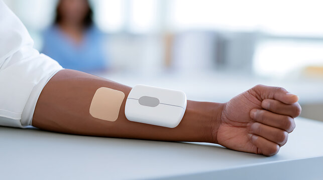 Close up of person arm with modern medical device and adhesive patch for health monitoring in clinic setting for diabetes care treatment