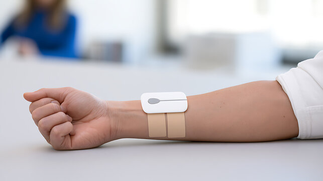 A close up view of a person arm with a medical patch device attached to the skin in a bright clinic setting representing health technology