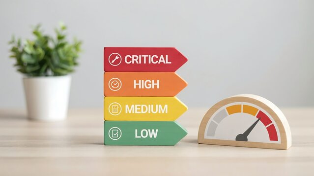 Color coded priority levels blocks with gauge indicator showing urgency status on wooden surface
