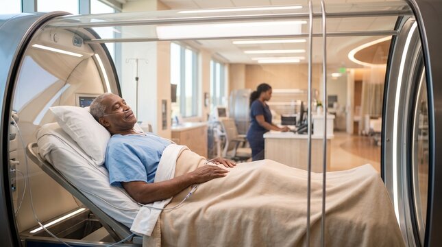 Senior man resting in hyperbaric oxygen therapy chamber in clinic