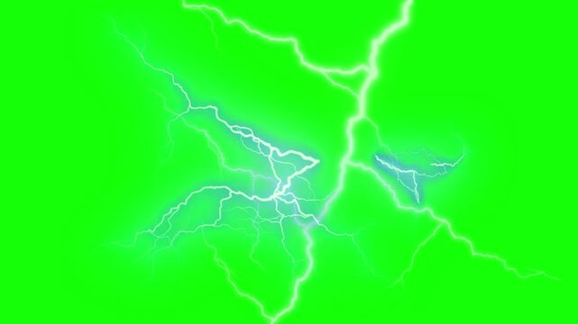 Bright white lightning bolts striking rapidly against a solid green screen background for visual effects with striking branching across video bright electricity discharge