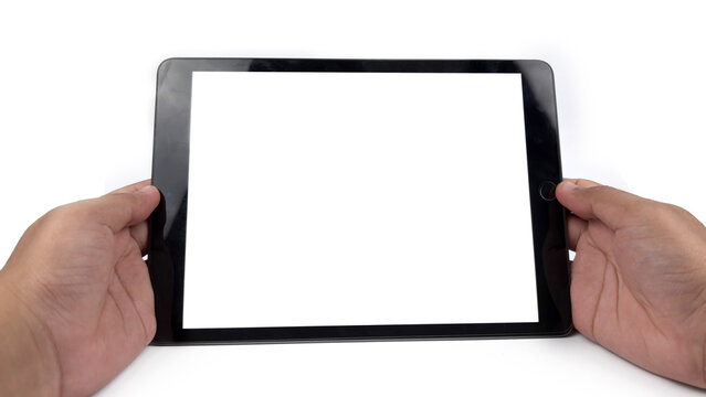 Kediri, East Java, Indonesia &ndash; August 21, 2026: Hands Holding Black Tablet with Blank Screen on White Background