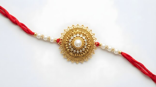 Traditional indian rakhi bracelet with gold centerpiece and pearls isolated on white background