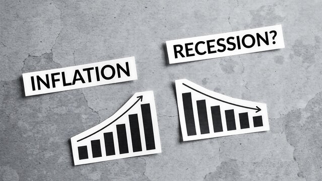 Economic Concepts Illustrated with Inflation and Recession Graphs on Gray Background