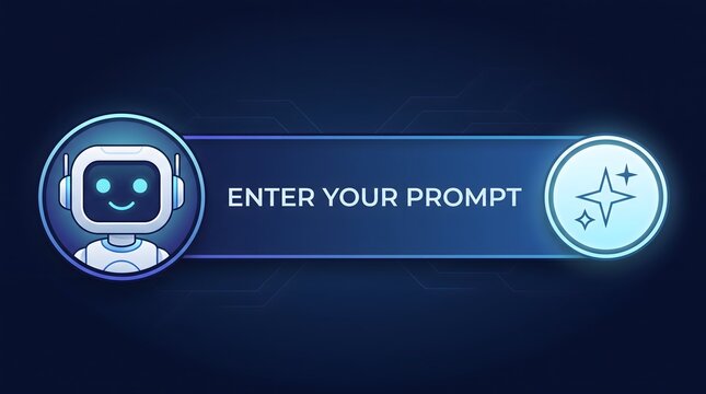 Friendly robot icon with enter your prompt text and sparkle icon