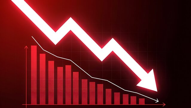 Graphic illustration showing downward trend with bar chart and arrow indicating decline in data