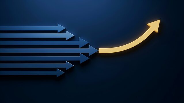 Graphic illustration showing multiple arrows converging into a single upward curved arrow symbolizing growth and progress