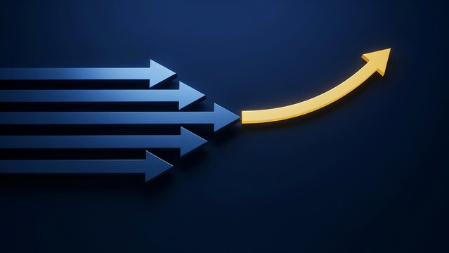 Graphic illustration showing multiple arrows converging into a single upward curved arrow symbolizing growth and progress