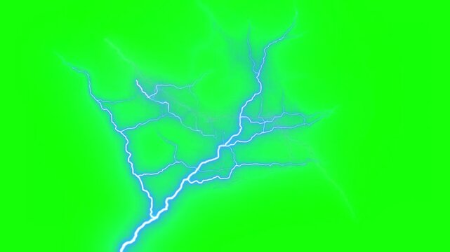 Lightning bolts strike and flash across a green screen background for video editing compositing with striking flashing against animated lightning against solid electricity